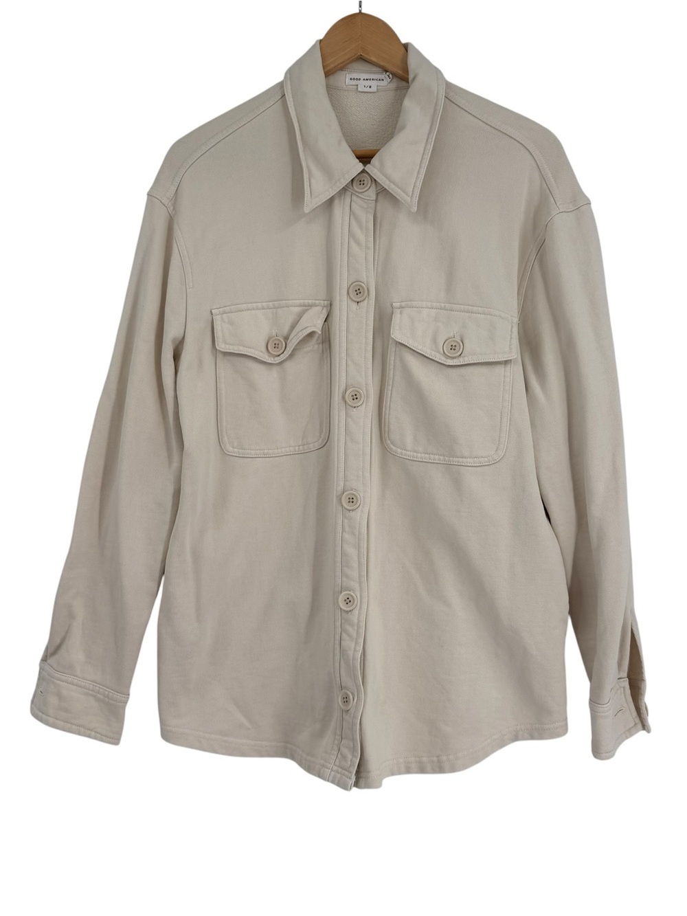 Good American Shirt Jacket Shacket Size 1/2 (S/M) Cotton Fleece Cream Button Up